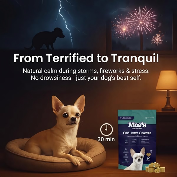 A square-format static ad showing a calm dog in a cozy home environment compared to the external stress of storms and fireworks.